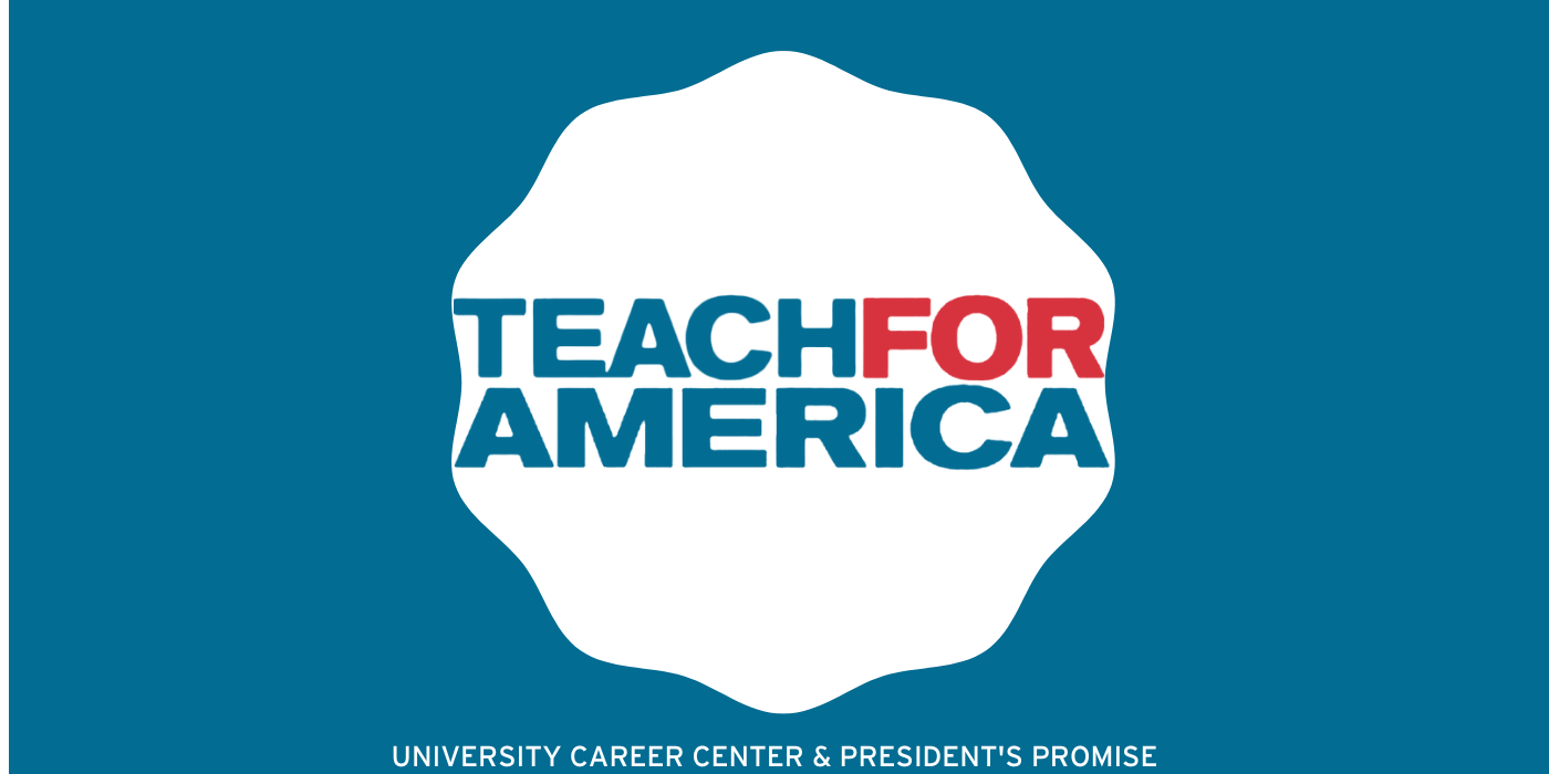 Teach for America logo which says "TEACH FOR AMERICA" with the letters capitalized. "Teach" and "America" are in blue while "for" is in red. The words are surrounded by a white scalloped circle which is surrounded by a blue rectangle