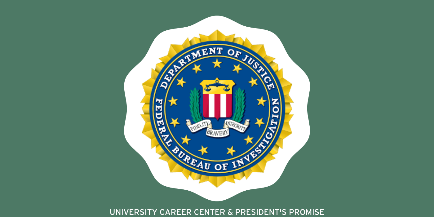 The FBI logo surrounded by a white scalloped circle surrounded by a light forest green rectangle