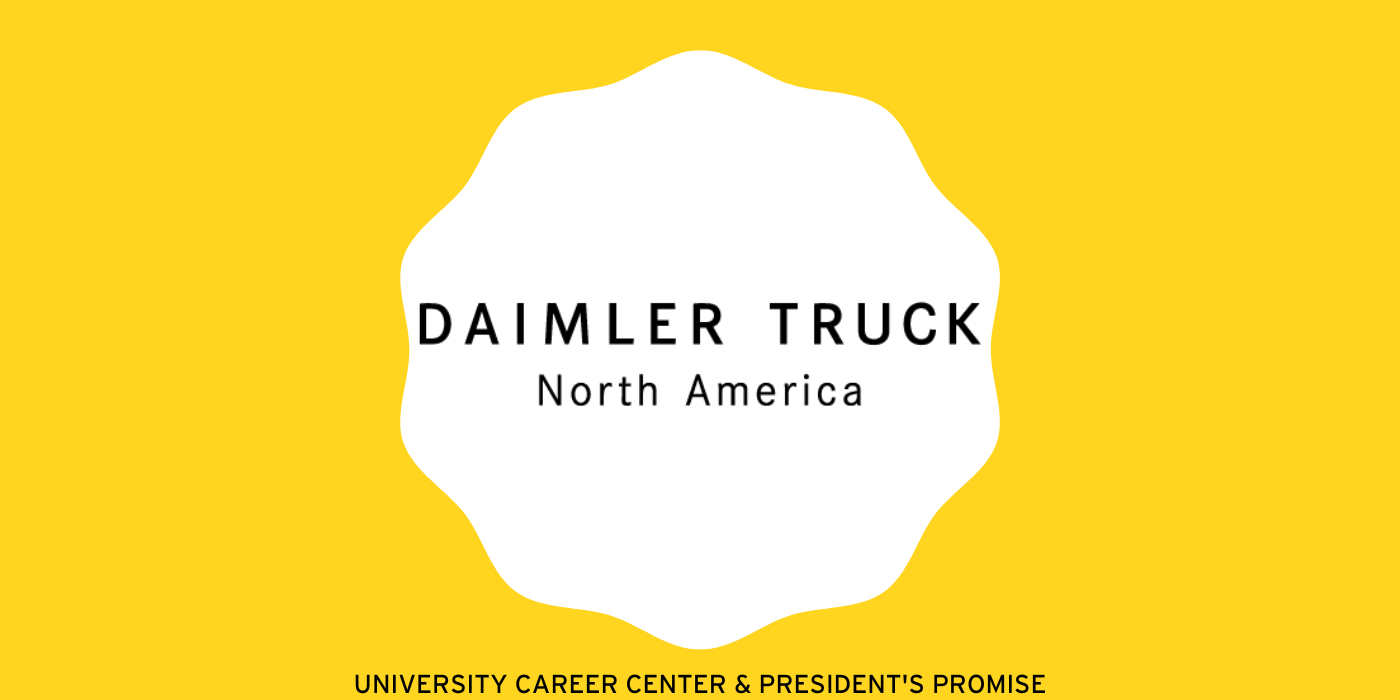 Daimler Truck North America text surrounded by a white scalloped circle that is within a yellow rectangle