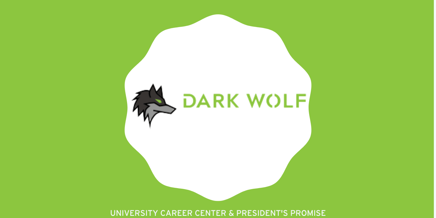 Dark Wolf Solutions logo in a white scalloped circle surrounded by a light green rectangle. The Dark Wolf logo is the image of a wolf's head on the left and the words "DARK WOLF" on the right.