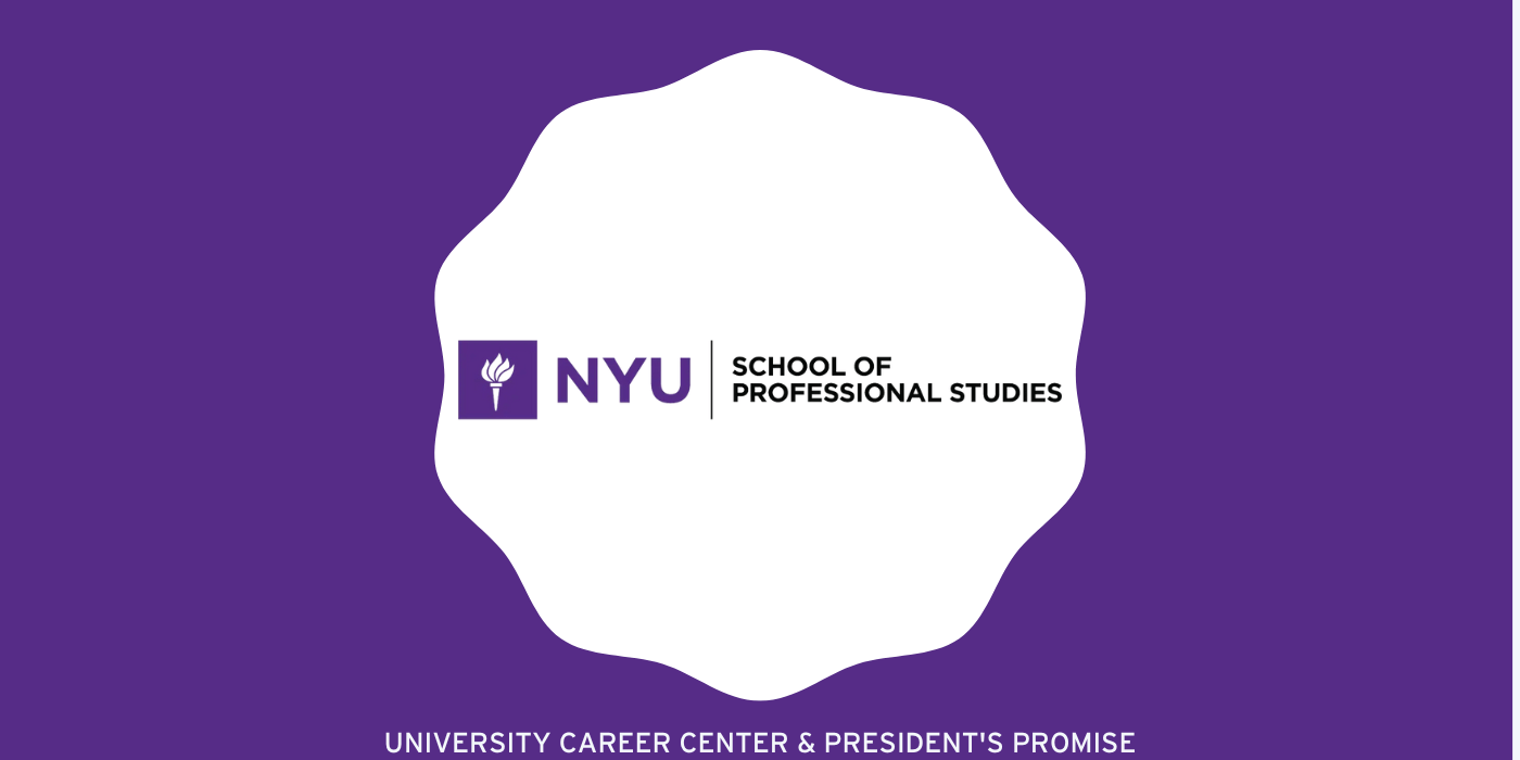 NYU School of Professional Studies Logo in a White Scalloped Circle inside a Purple rectangle