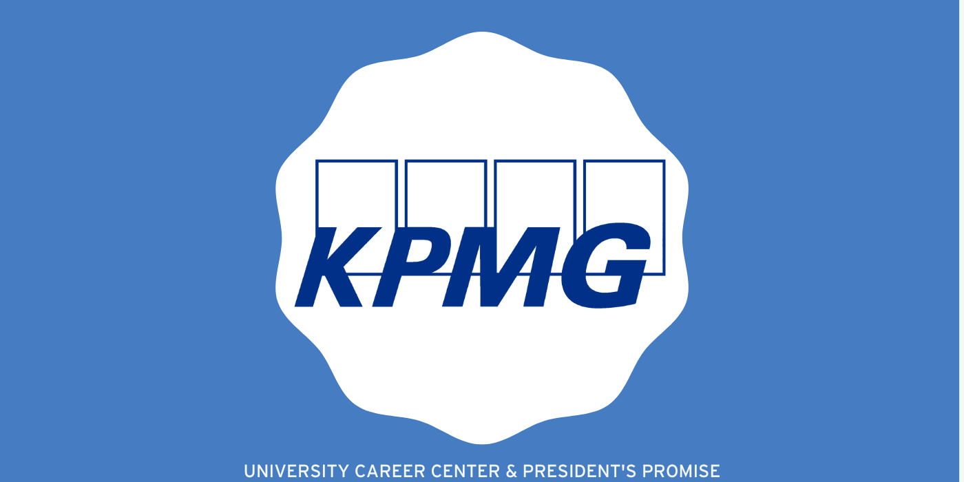 KPMG logo in a white scalloped circle in a light blue rectangle