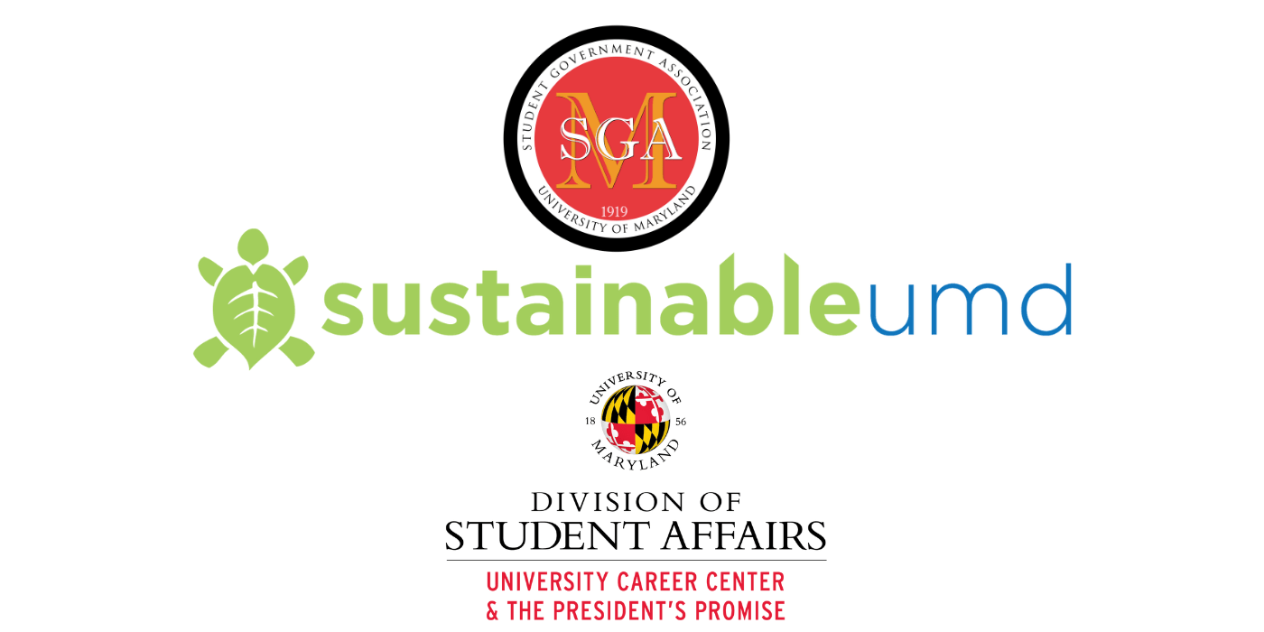 a promotional image featuring the UMD student government, sustainable UMD, and the UMD Career Center logo. 