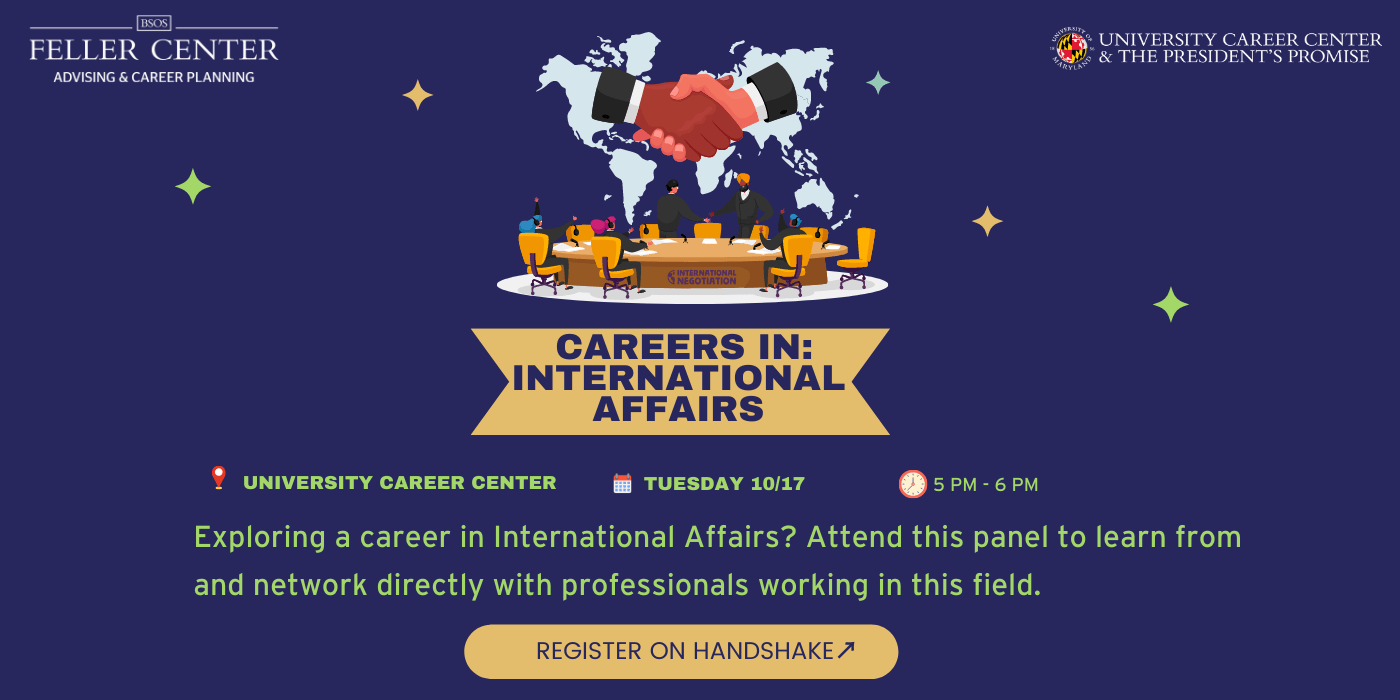 A promotional image for the Careers in International Affairs Panel