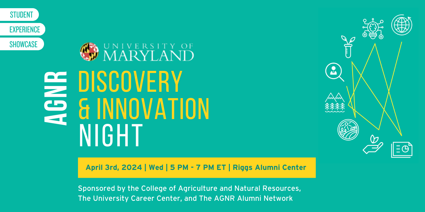 AGNR Discovery & Innovation Night promotion featuring event details and various small graphical images related to agriculture. 