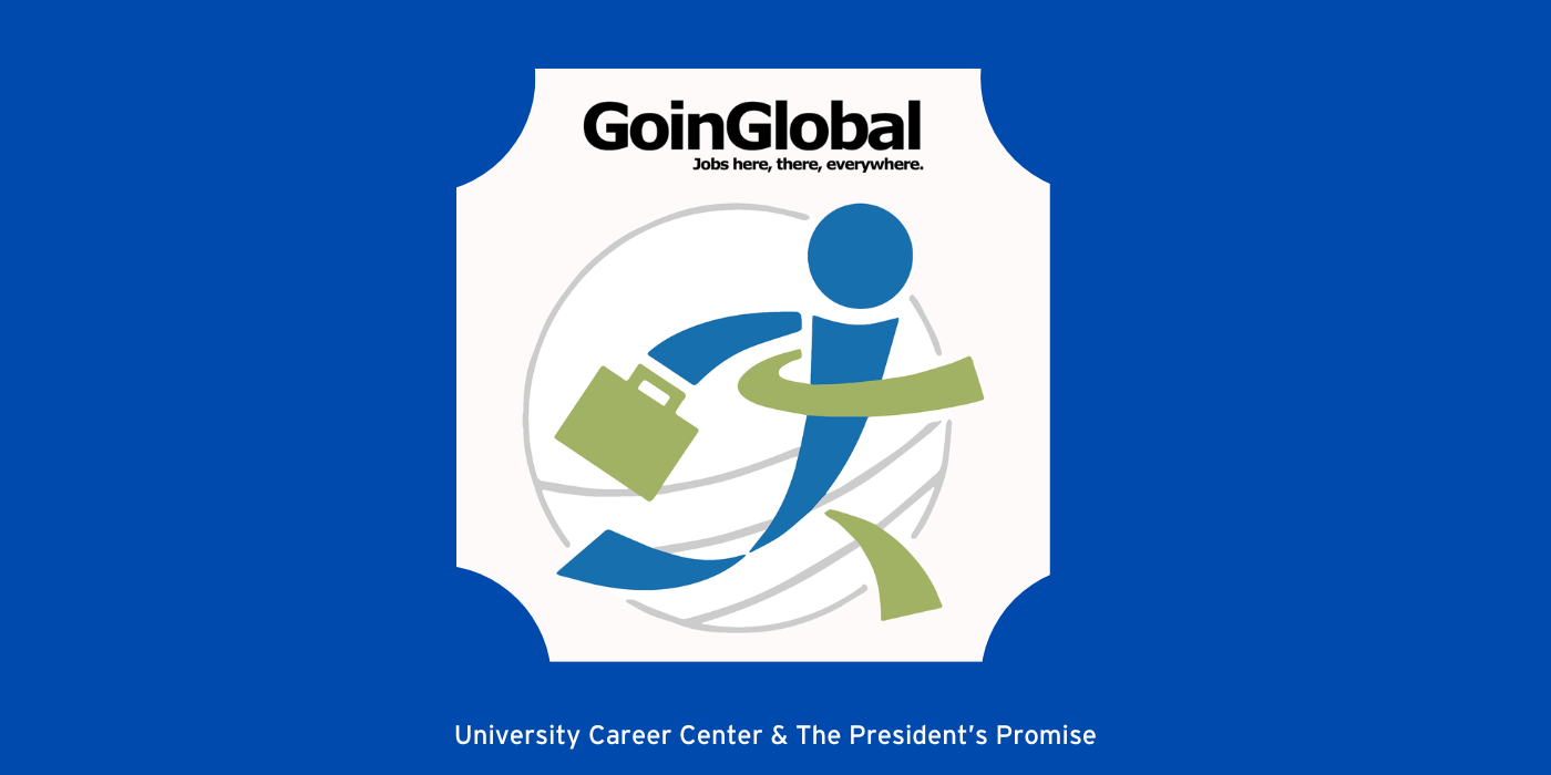 GoinGlobal logo on a blue background with university career center title text below the image.