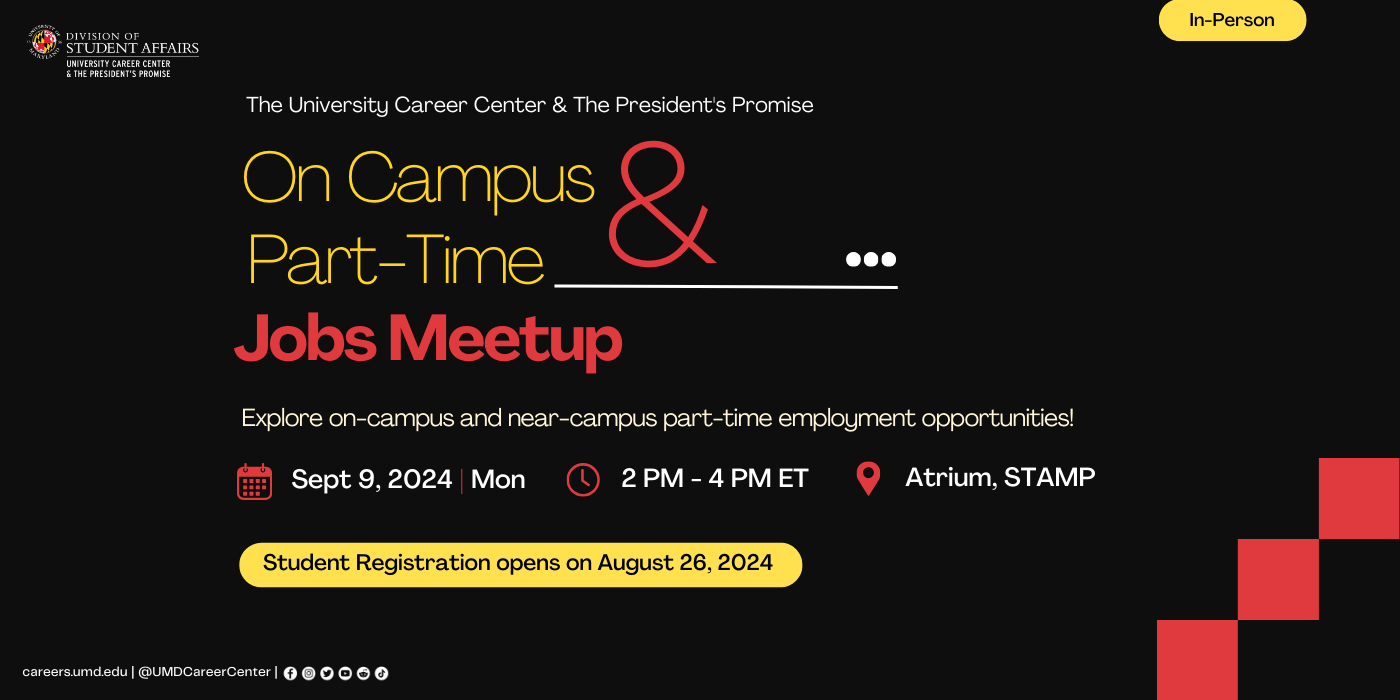 Promotional graphic for the On-Campus and Part Time Jobs Meet up including dates and registration information.