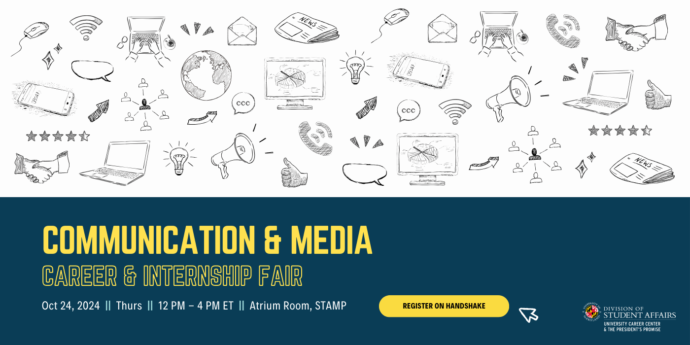 Communication & Media Career & Internship Fair promotion featuring event details. 