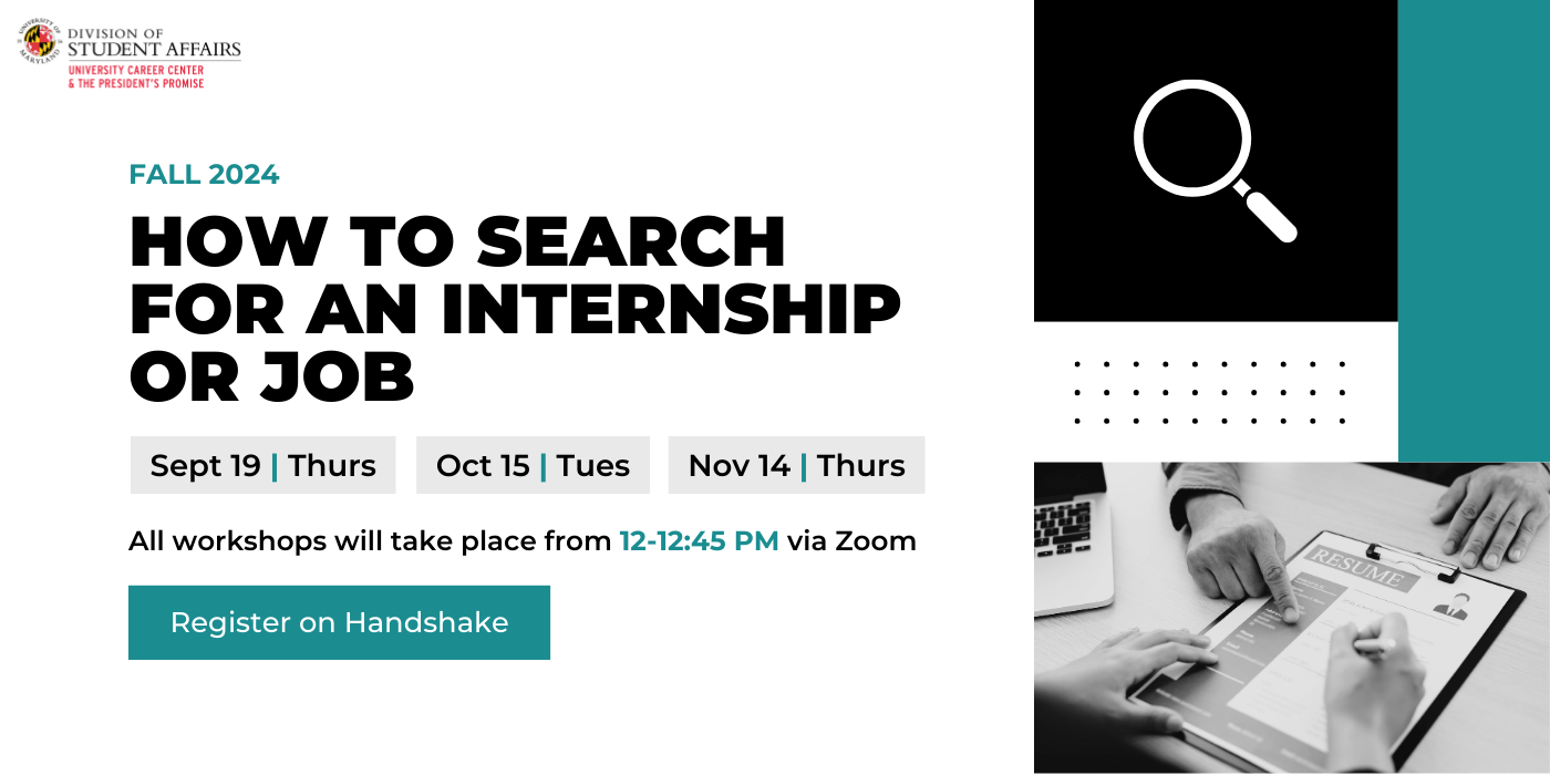 Promotion for the how to search for an internship or job workshop. 