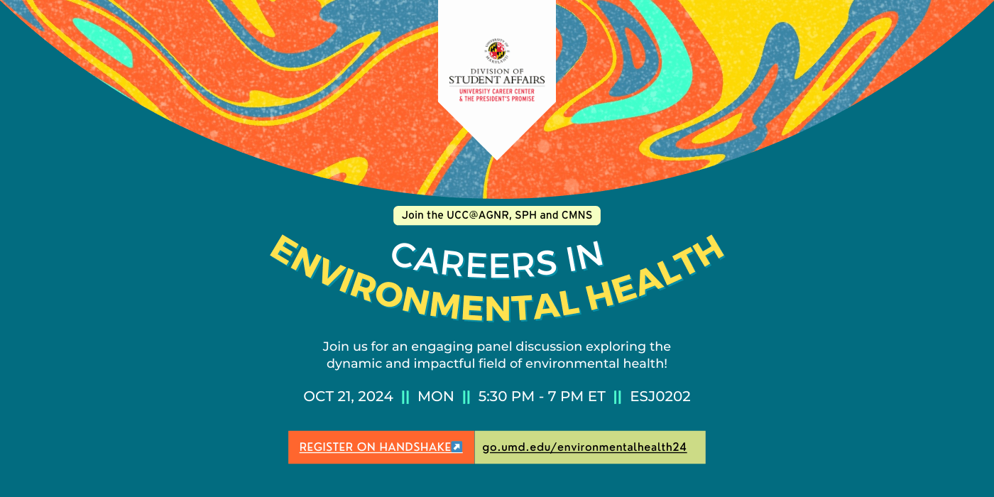 Multicolored wavy graphics about a block of text with the description " Career in Environmental Health,  discussion exploring the dynamic and impactful field of environmental health"