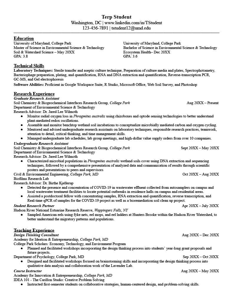 Graduate Student Sample Resume. 