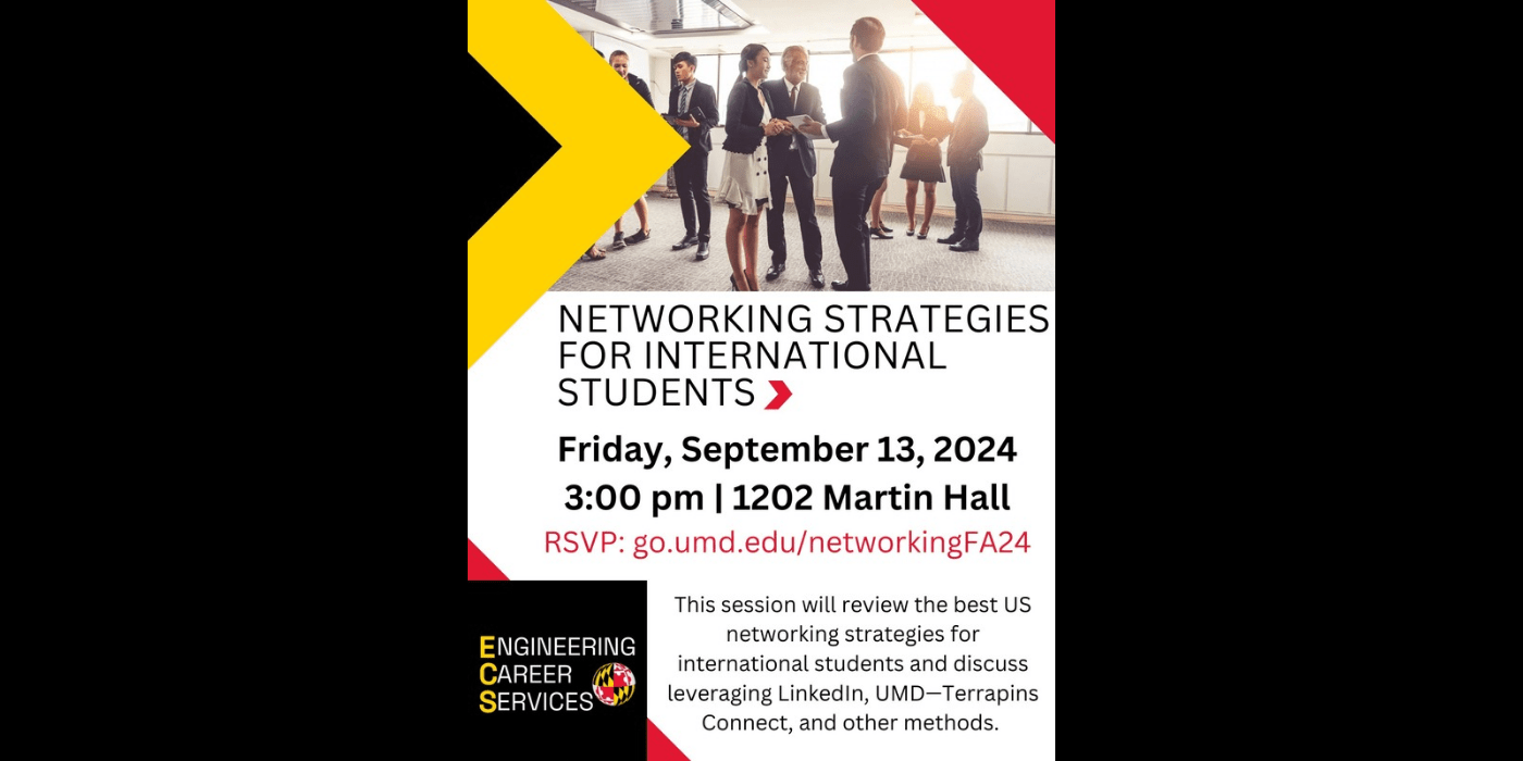 Networking strategies for international students. Promotional graphic featuring people and suits talking to each other.