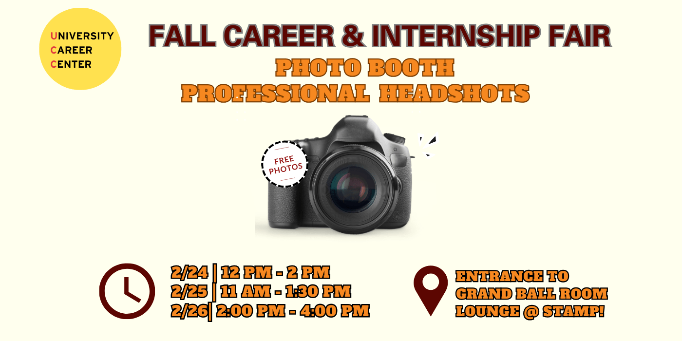 A camera is positioned in the center screen surrounded by text promotiing dates and times of the photbooth at the Fall Career Fair. 