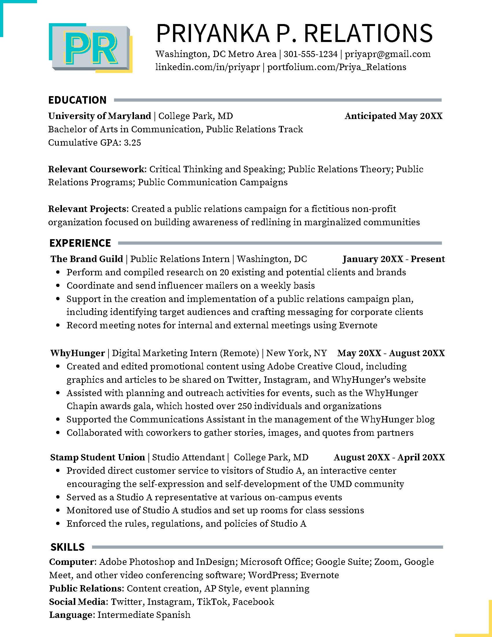 A resume example for Communication and PR students.