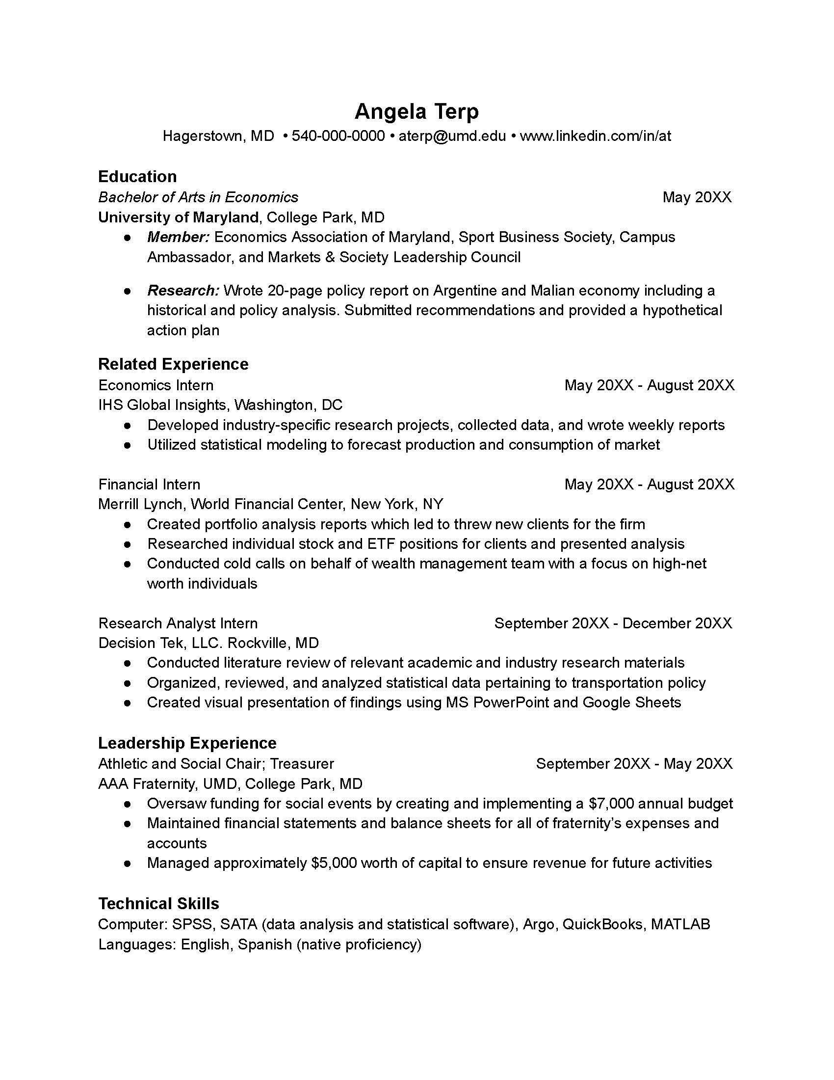 Later stage undergraduate resume.