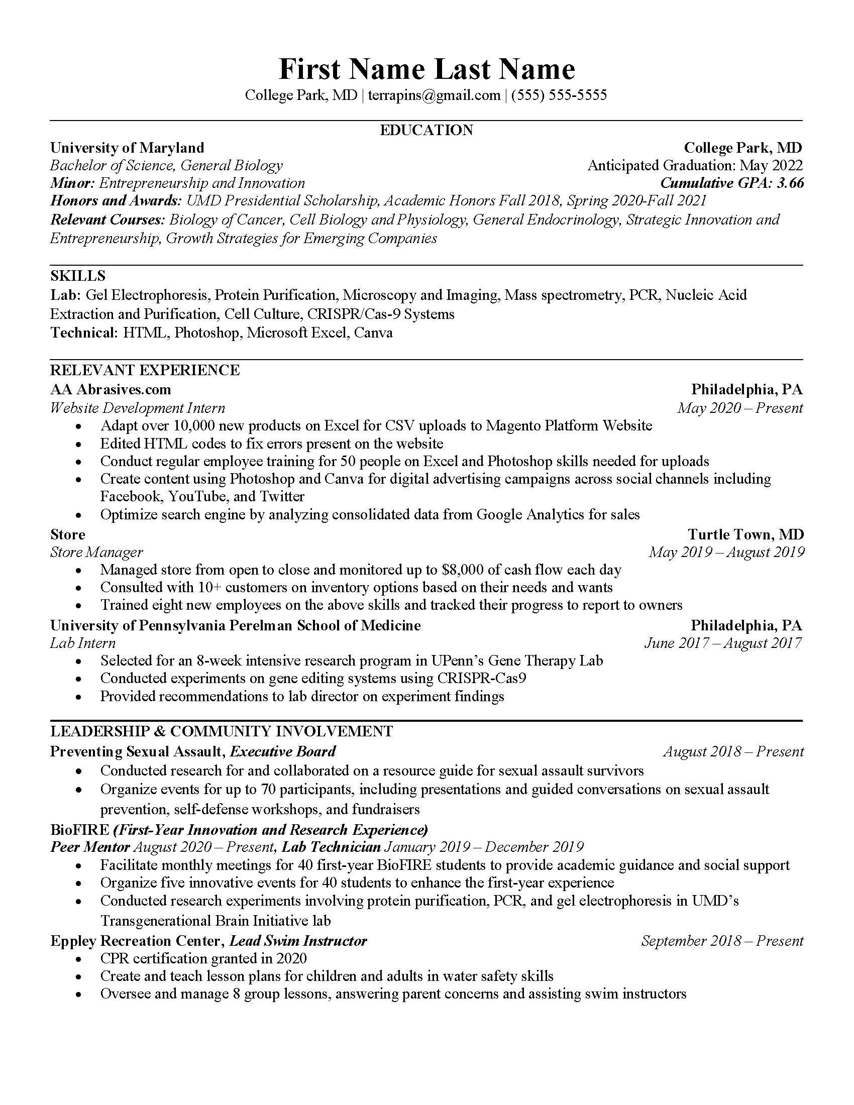 Science Resume Sample