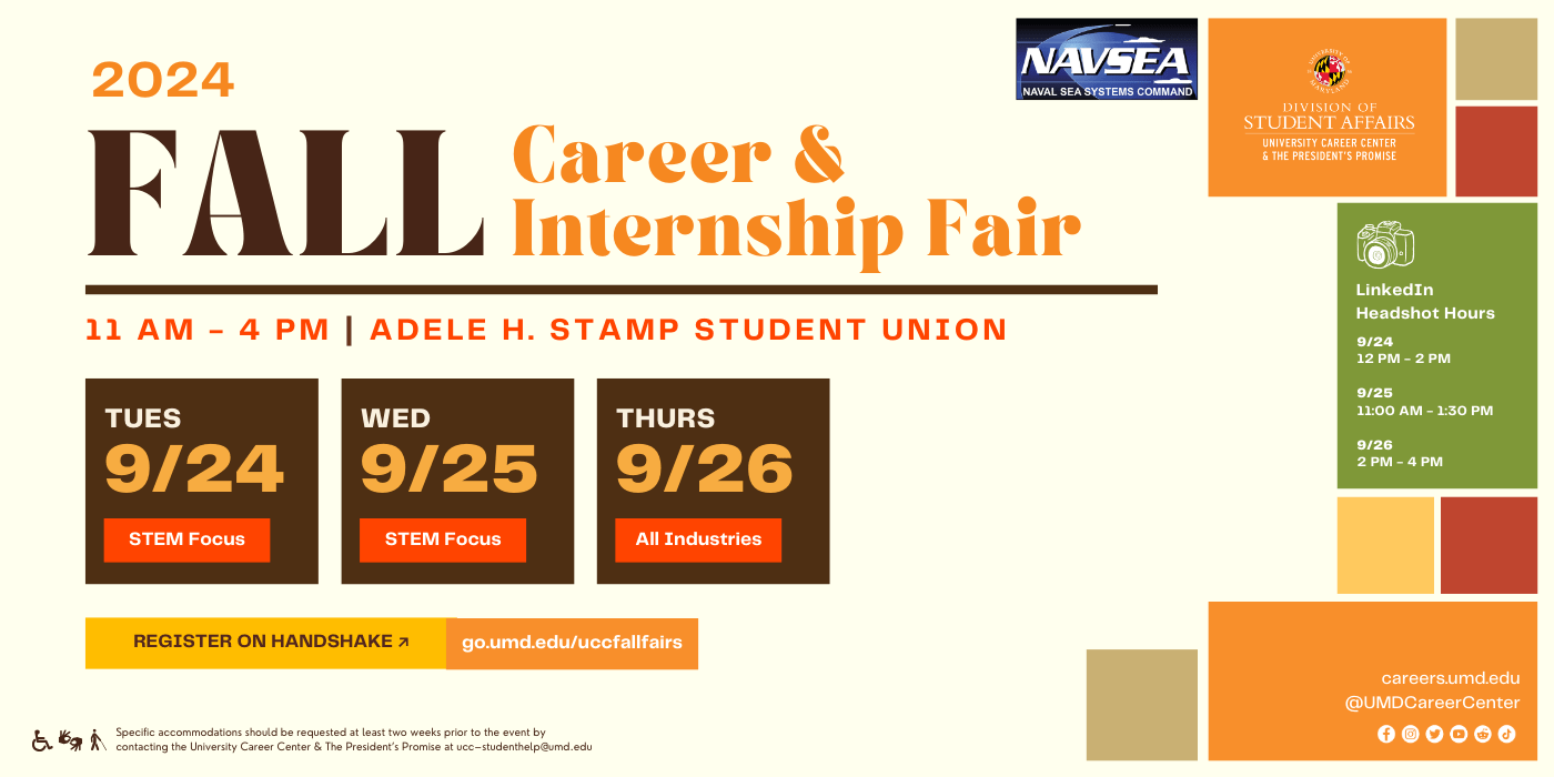 Fall Career & Internship Fair banner featuing event time, dates, and sponsor:Navsea.