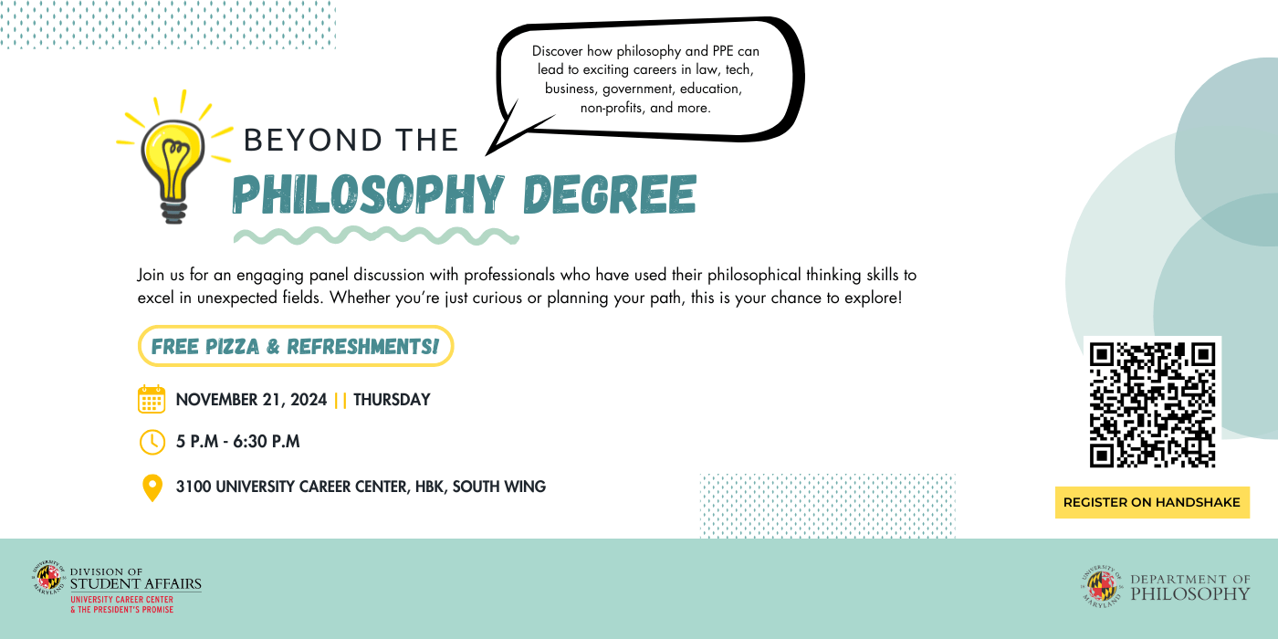 A lightbulb floats on the image with text around that details the Beyond the Philosophy Degree panel event.