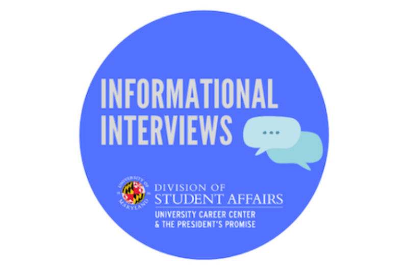 A blue circle with quotation word bubbles next to the text, "Informational Interviews"