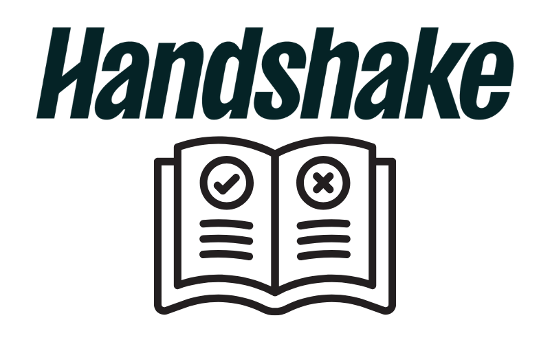 Handshake text is written above a open booklet.