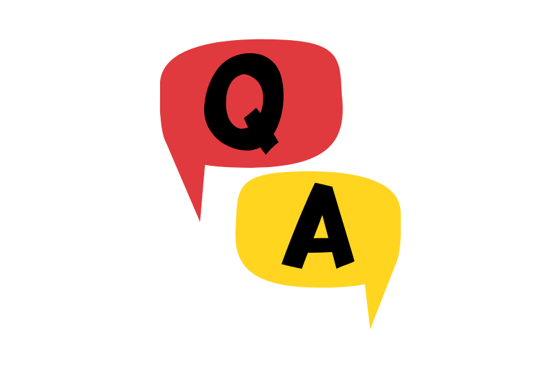 Two word bubbles, one red, one gold, with the letter Q and A.