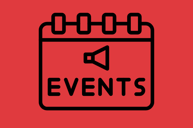 A calendar graphic with the text "Events" and a loud speaker above the text.