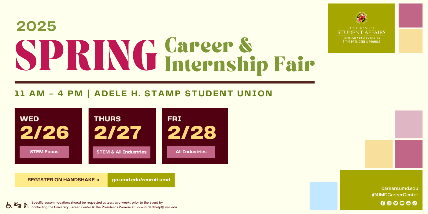 Spring 2025 Career Fair Promotion that includes event details such as the date, time, and location, as well as a URL for registration.