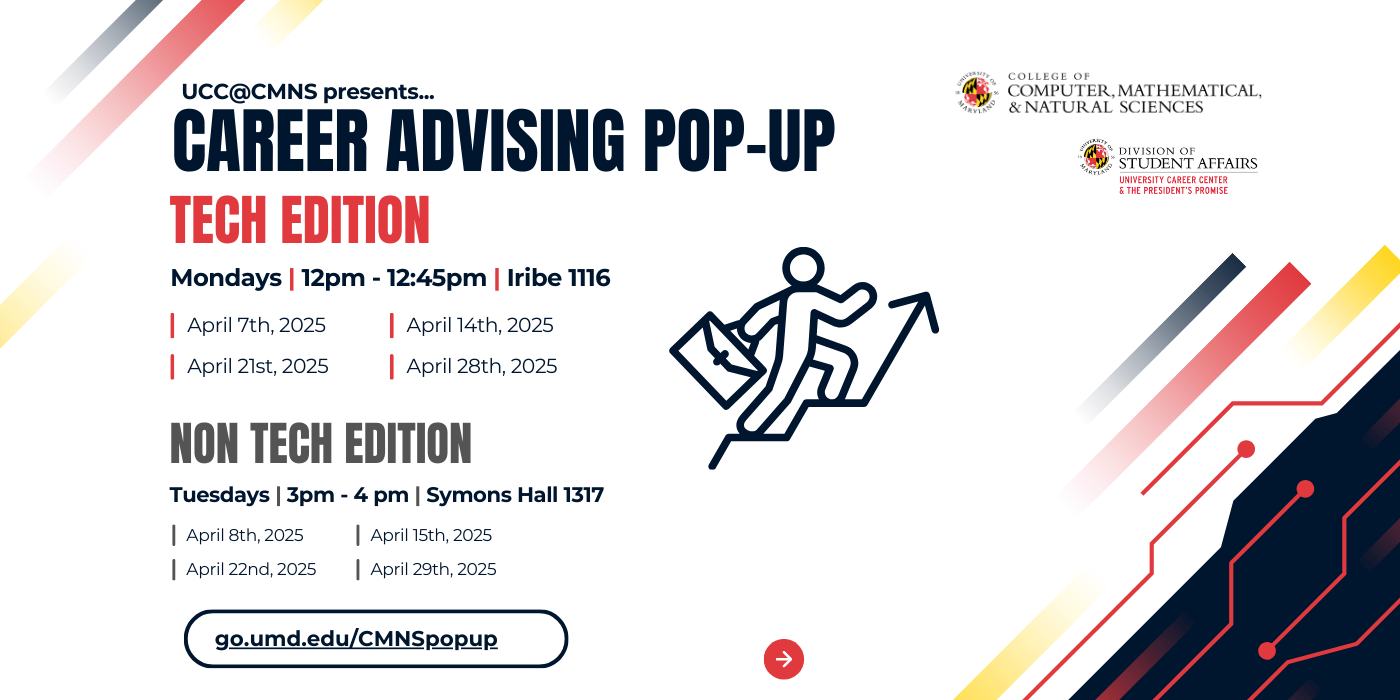 Gold, red, and black streaks and circuitry lines are strewn about the image around a body of text describing the career advising pop-up tech edition.