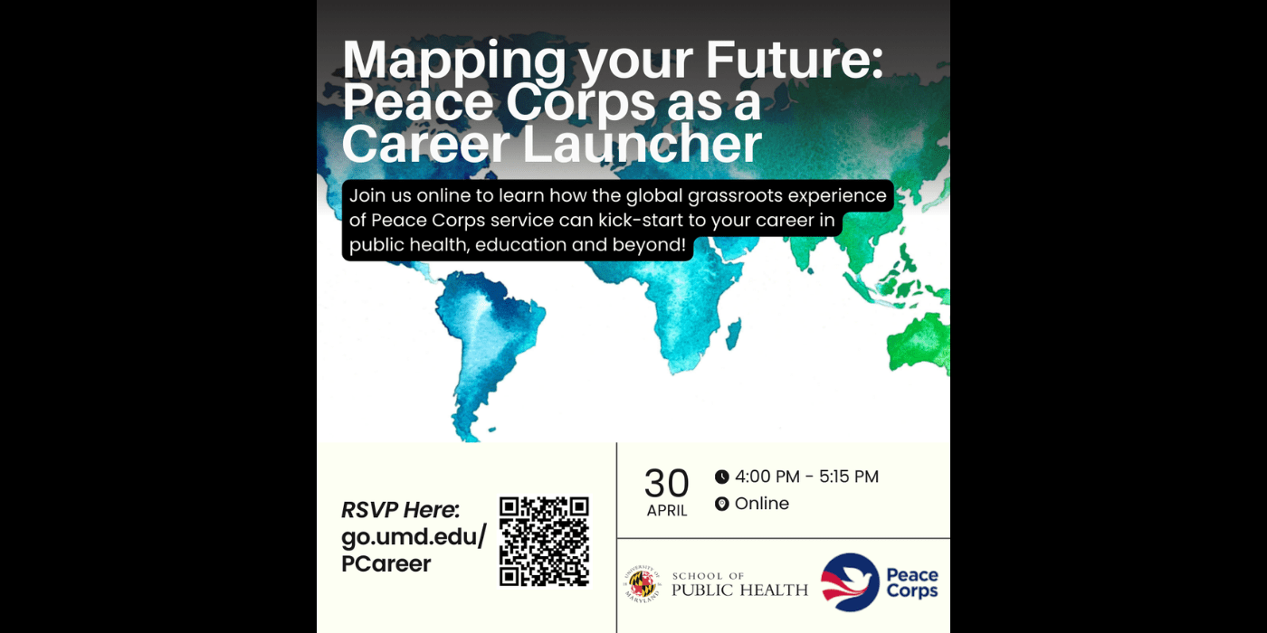 An image of the world map is dsplayed with the foreground text regarding an event about the Peace Corps.