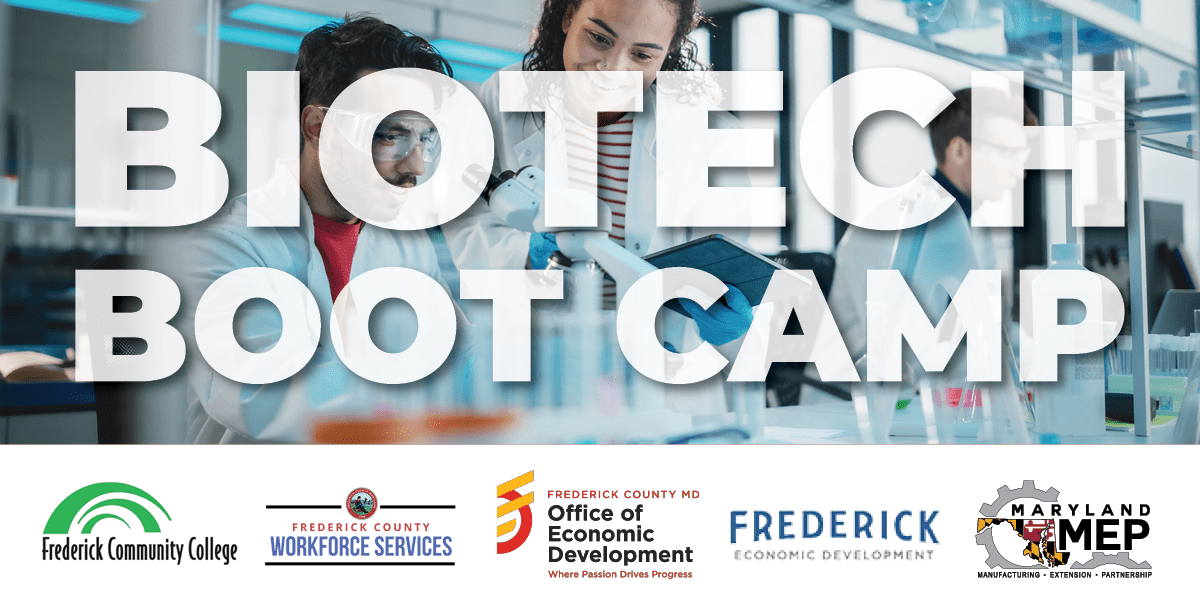 BIOTECH BOOT CAMP is spelled out in the foreground while scientists working in a lab are pictured in the background.