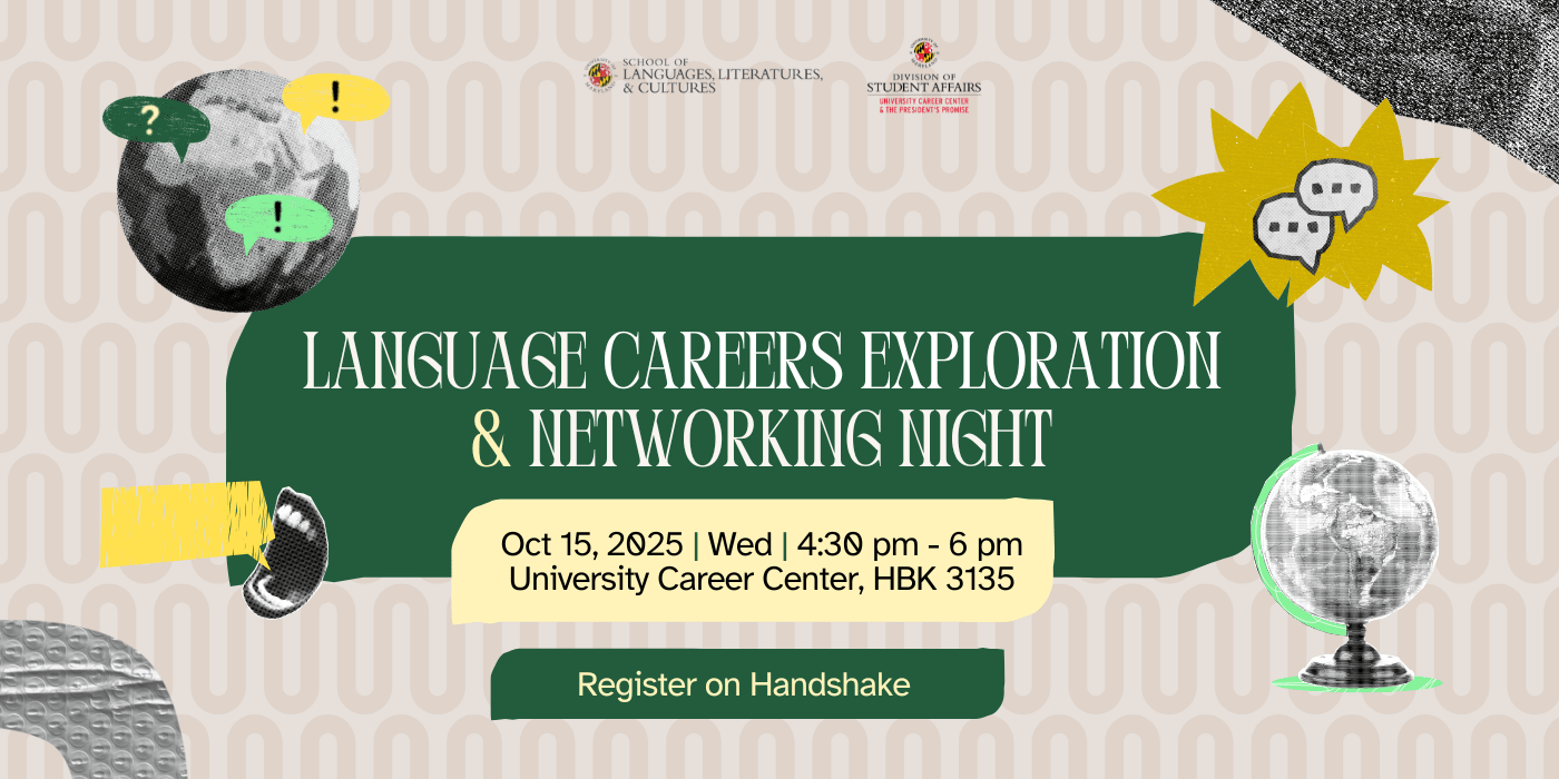 Various graphics related to international language and careers.