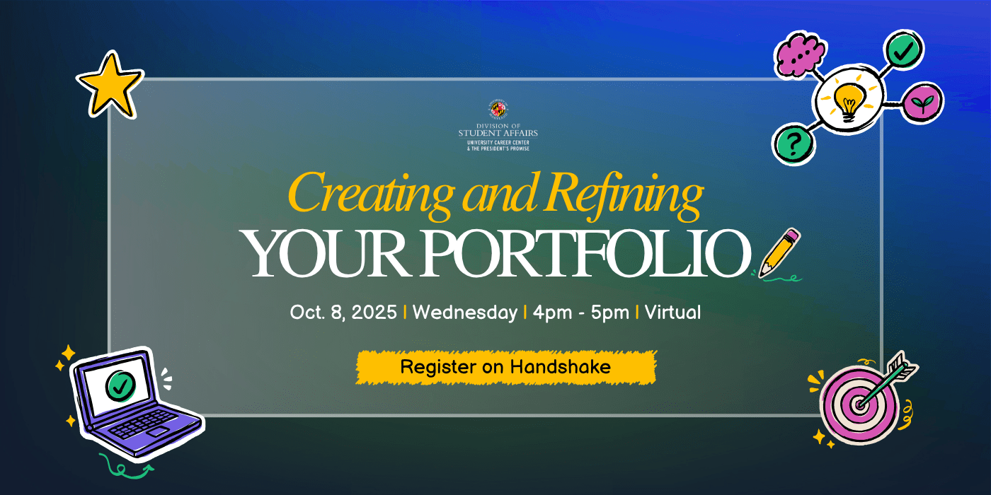Event details for the Crafting and Refining your portfolio workshop are centered in the text and surrounded by a star, laptop, target, and a light bulb graphic.