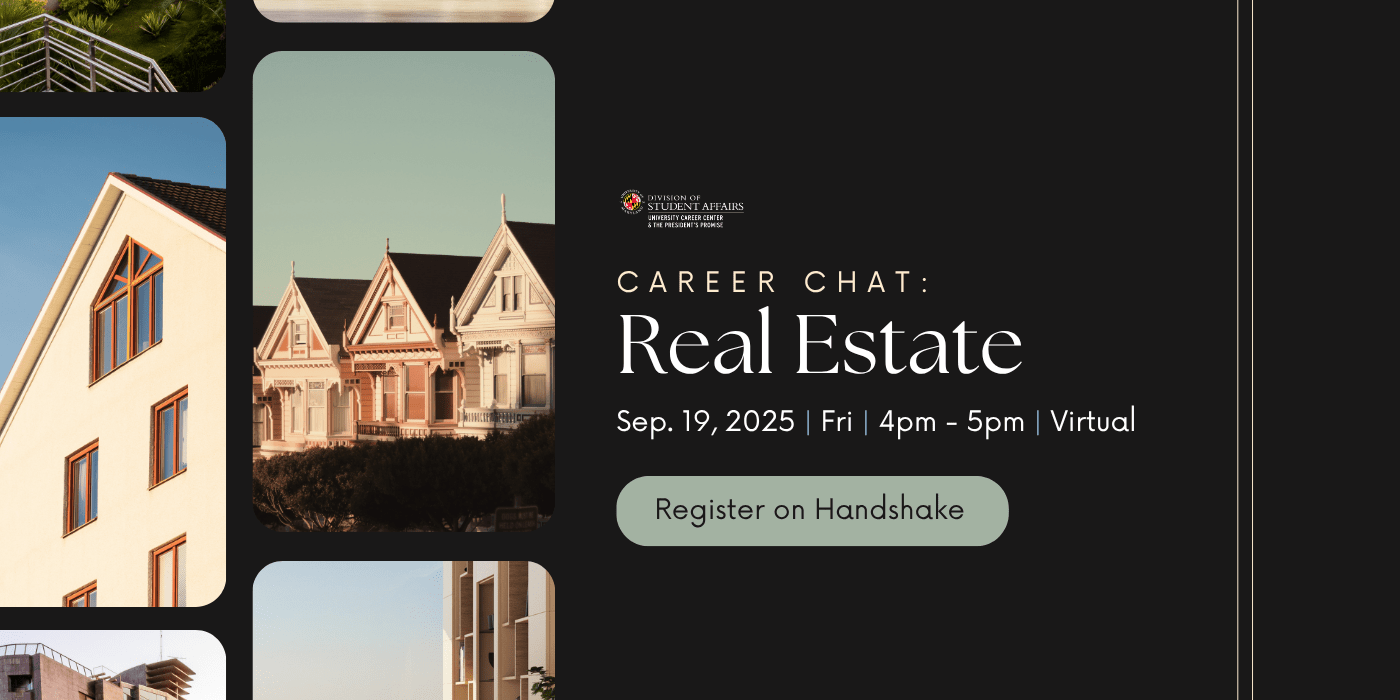 A batch of houses are pictured to the left of a body of text related to the career chat real estate event. 