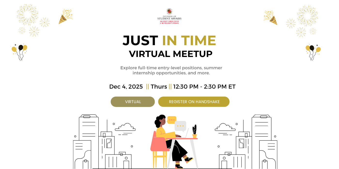 A woman is sitting at her desk working on a computer surrounded by a city.