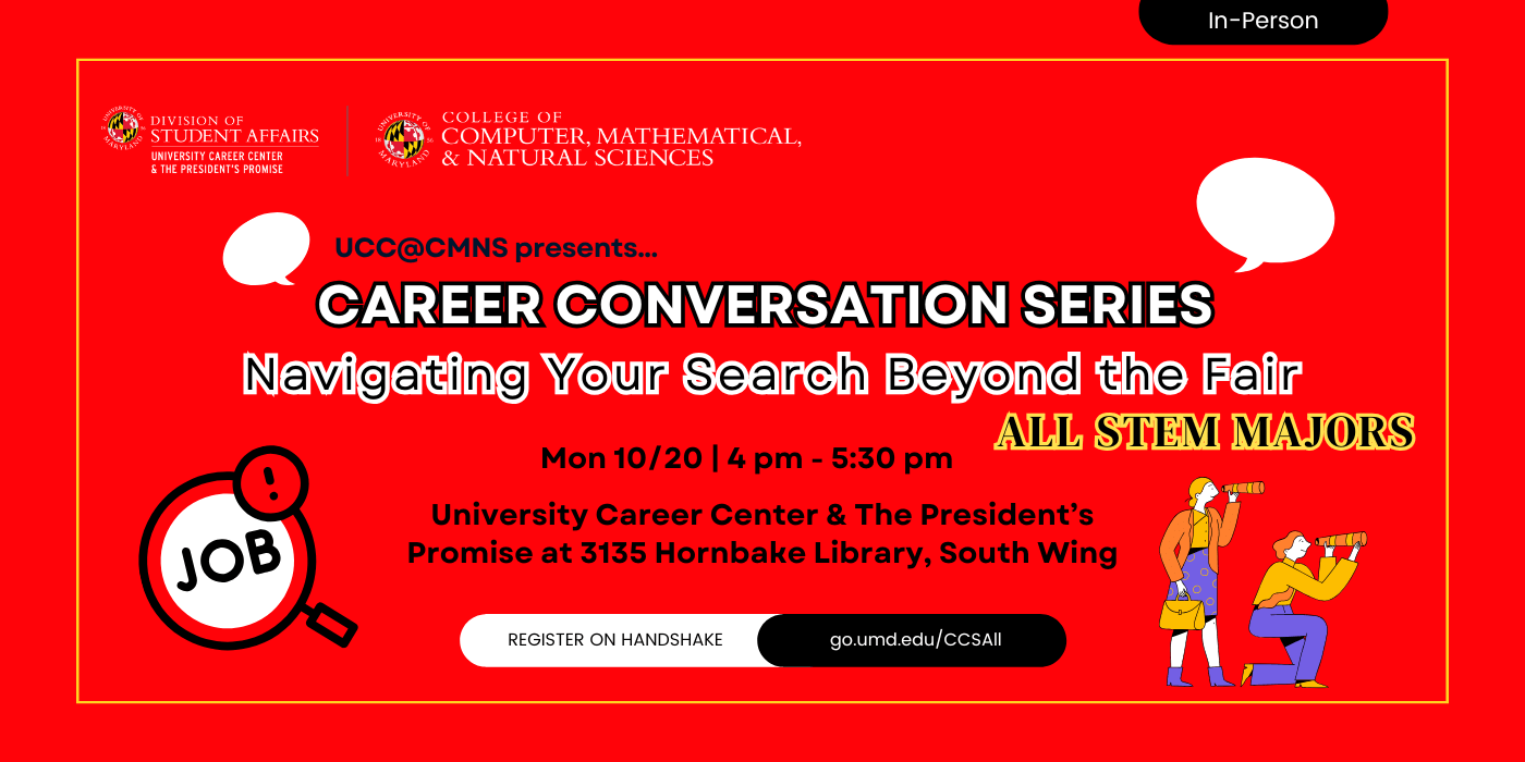Career Conversation Series promotion which includes a magnifying glass on the left and two people with a spyglass. 
