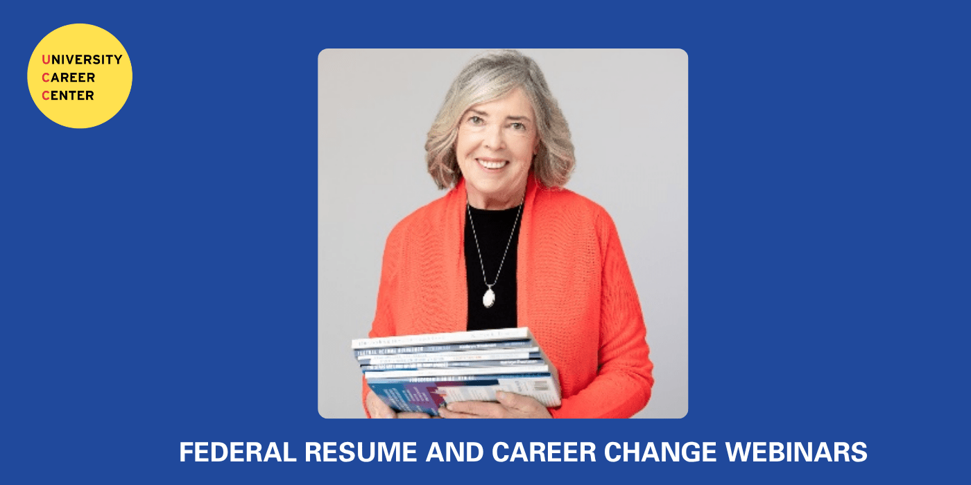 An infographic for the federal resume and career change webinar featuring a picture of Kathryn Troutman.