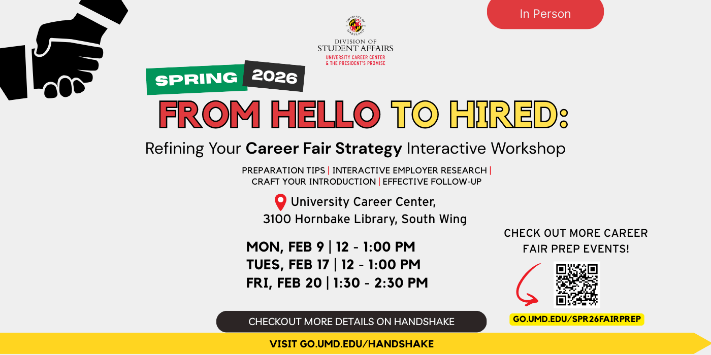 Promotional infographic for the From Hello to Hired refining your career fair strategy interactive workshop.