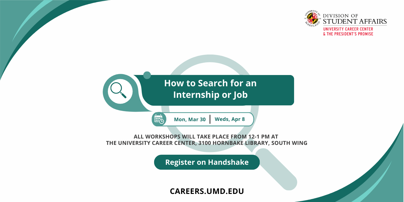 Promotional infographic for the how to search for an internship workshop