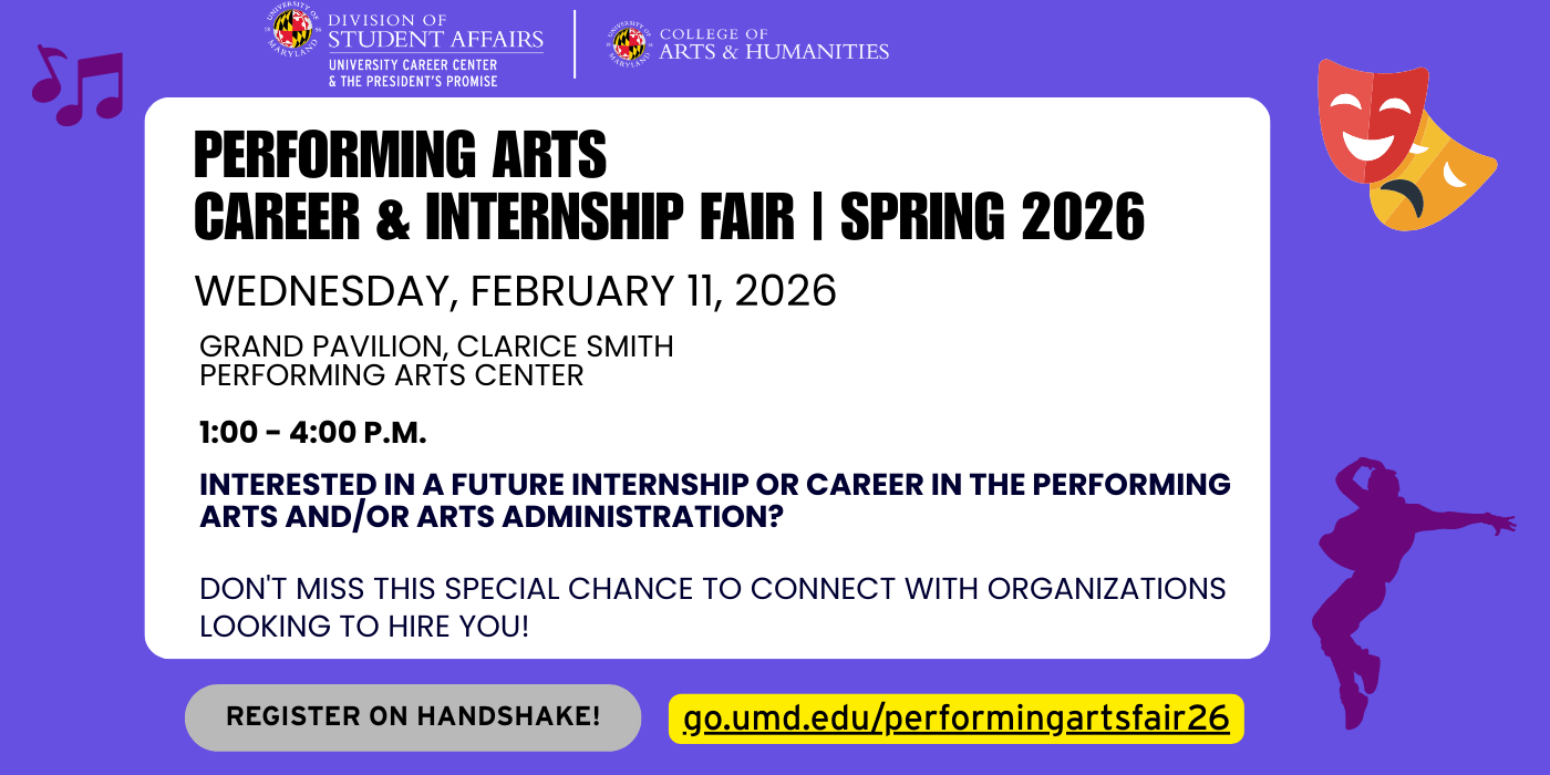 Promotional infographic for the 2026 Performing Arts Career & Internship Fair