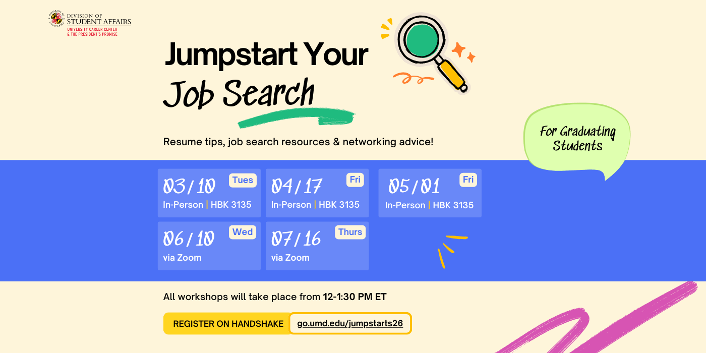 Promotional infographic for the jump start your job search workshop. 