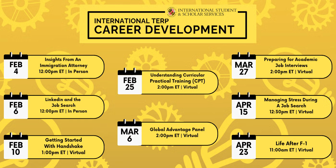 Promotional infographic for the International; Terp Career Development workshop series.