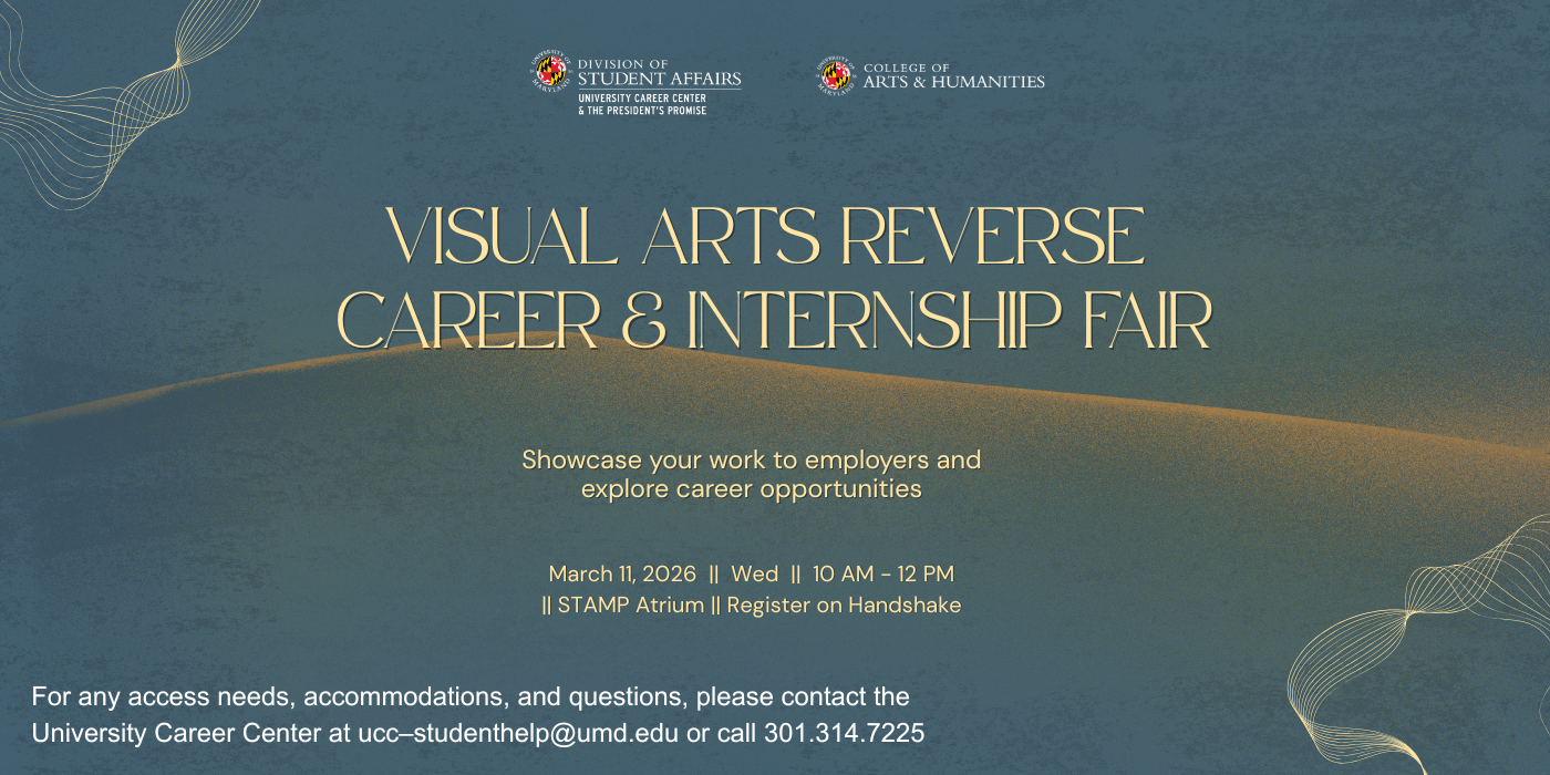 Promotional infographic for the visual arts reverse careers and internship fair.