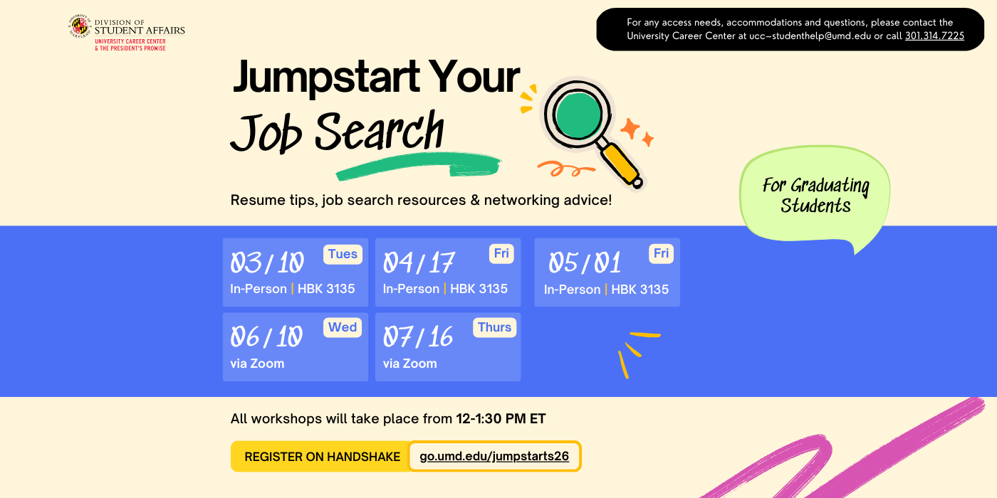 Promotional infographic for the jumpstart your job search workshop series.