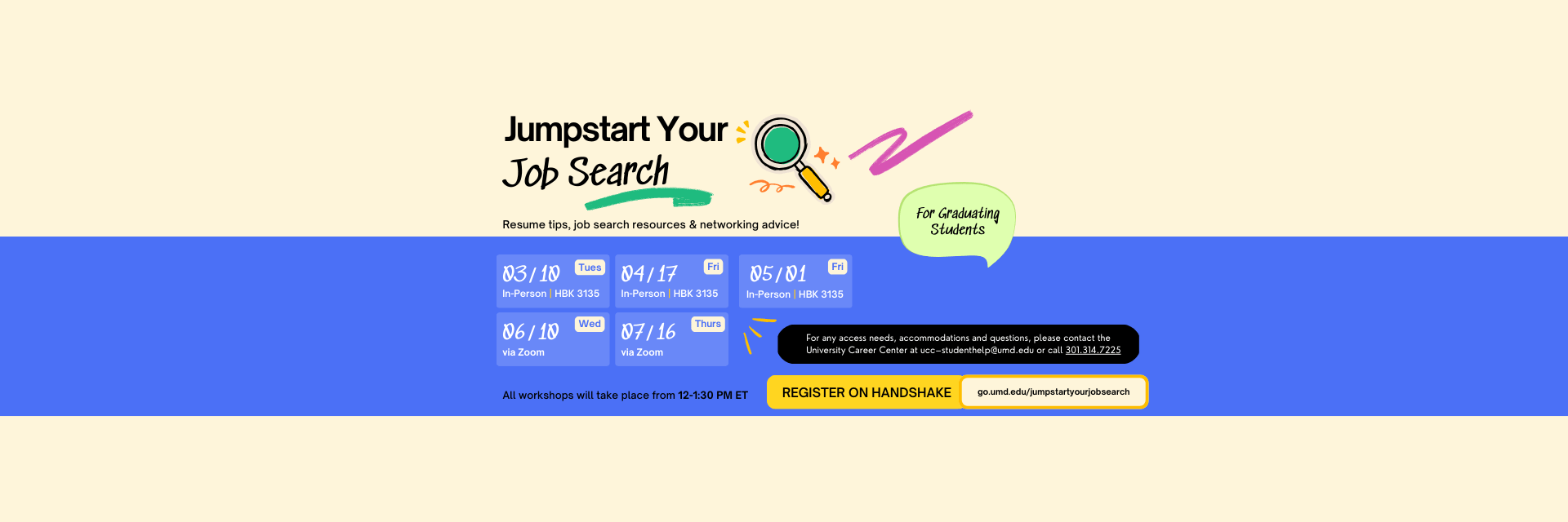 Hero image infographic for the jumpstart your job search workshop series.