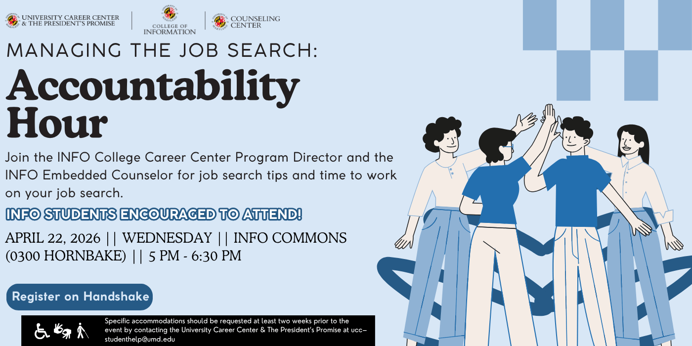 An infographic for the Managing the Job Search Accountability Hour workshop, which incudes event details, time and date.