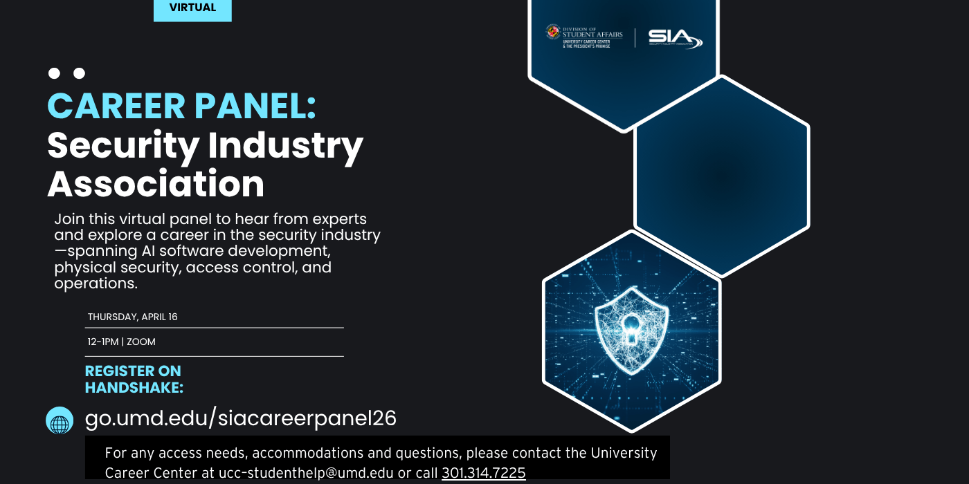 Infographic for the Security Industry Association (SIA) Career virtual panel, which includes event details and security related images.