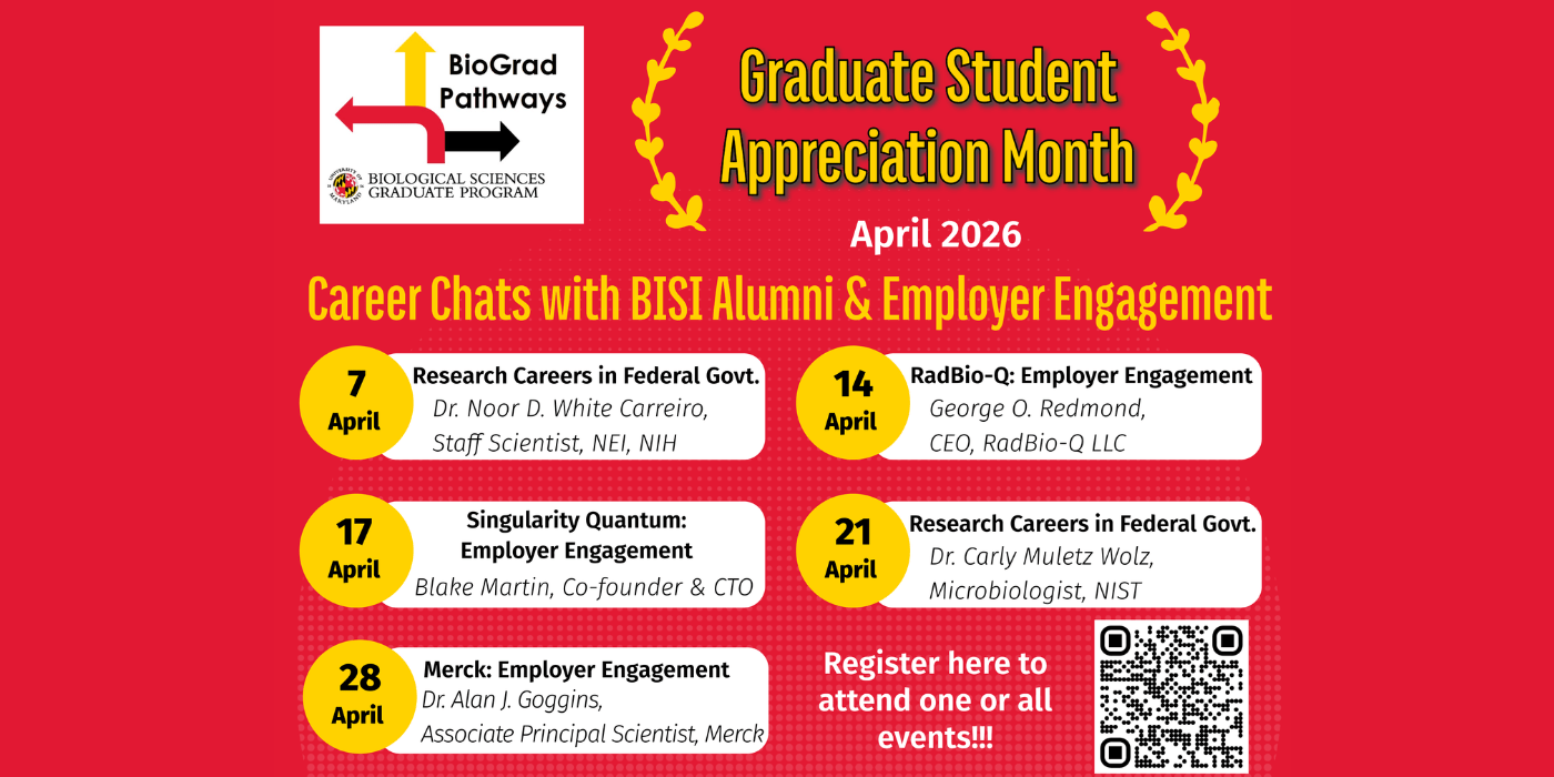 An infographic for the Graduate Student Appreciation Month that includes a series of career support events, including dates, times, and registration information.
