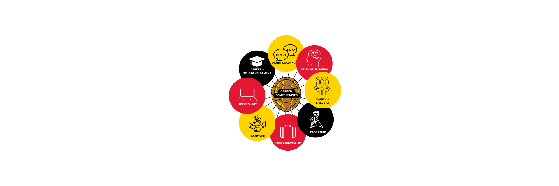 Eight red, gold, and black circles, labeled with NACE career competencies surround a turtle shell labeled career competencies.