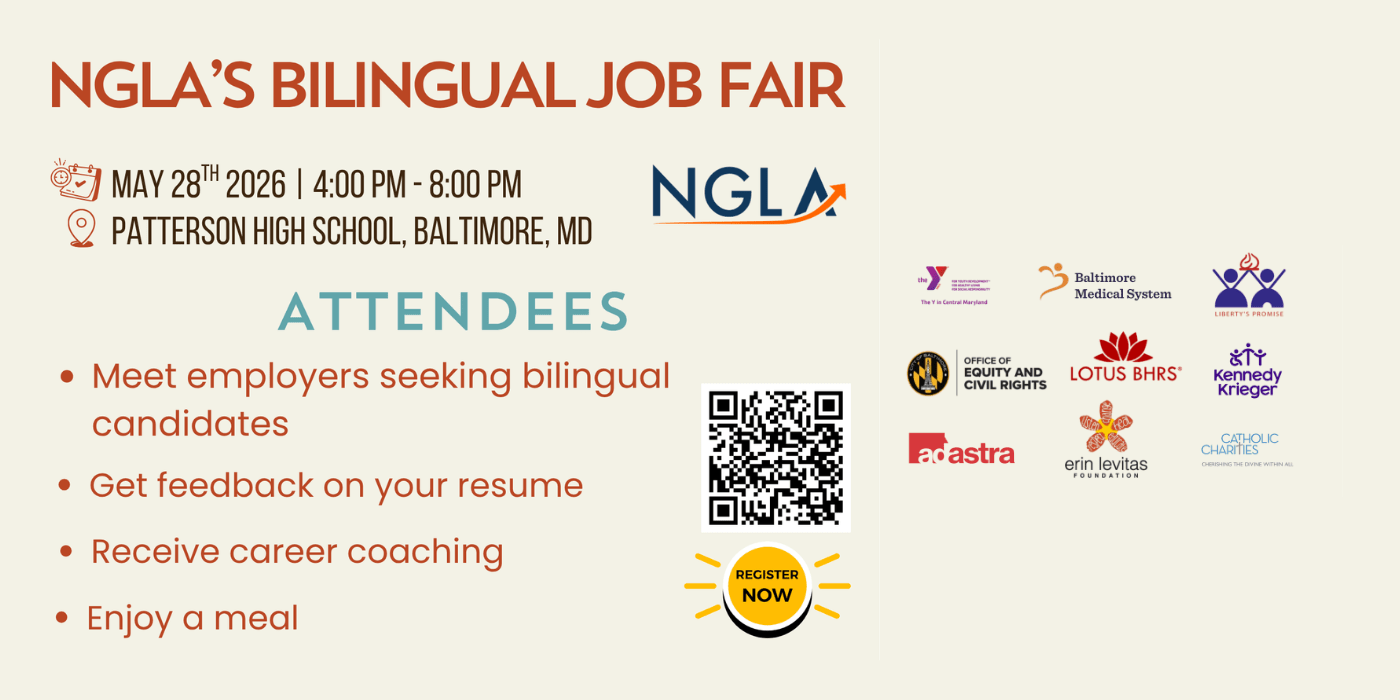 An event infographic for the Next Generation Language Access job fair featuring event details such as date, time, location, as well as logos for employers attending the job fair.