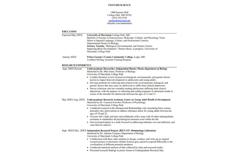 A screenshot image of the cmns resume example.